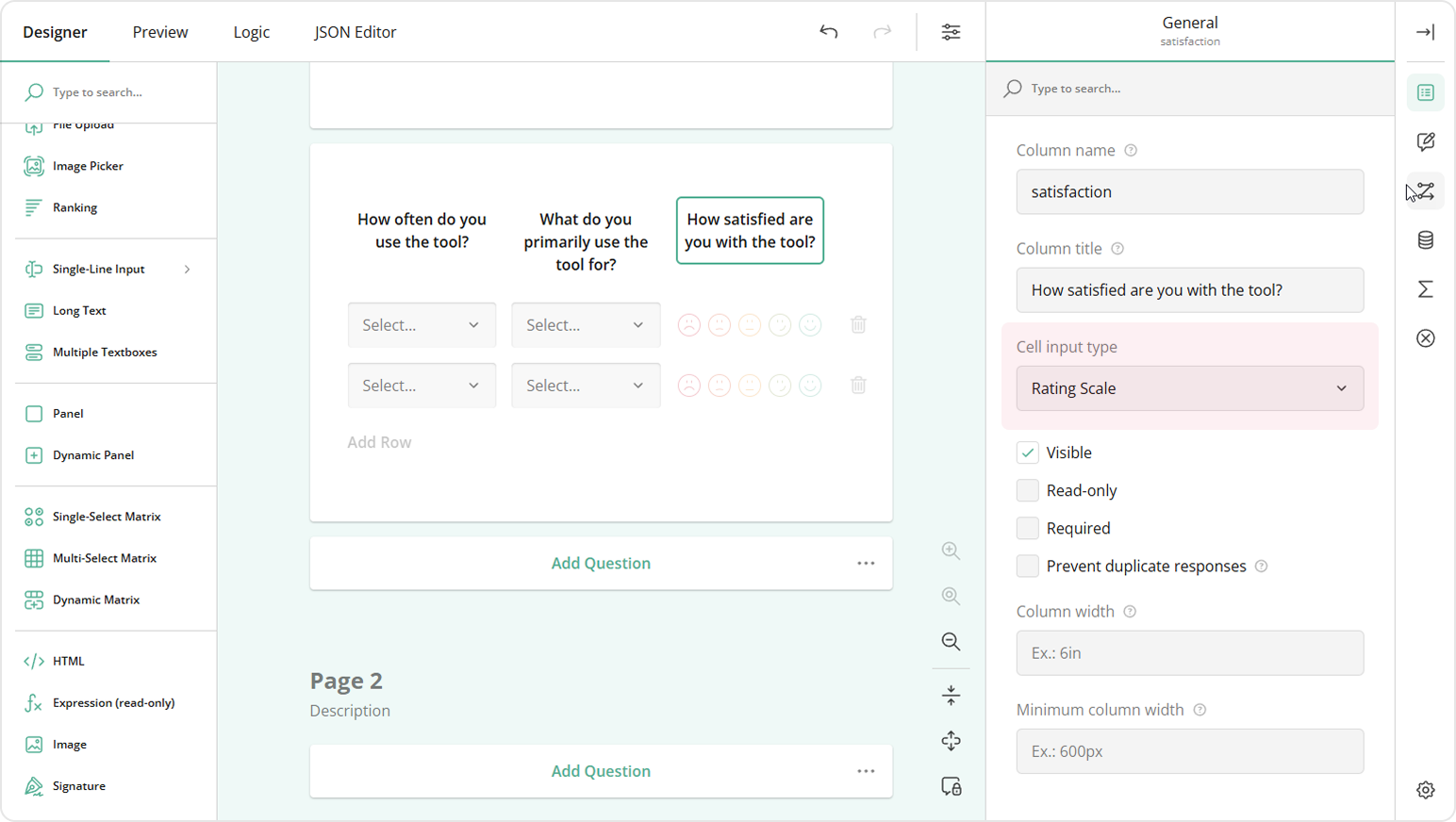 Set the input type for a Dynamic Matrix column