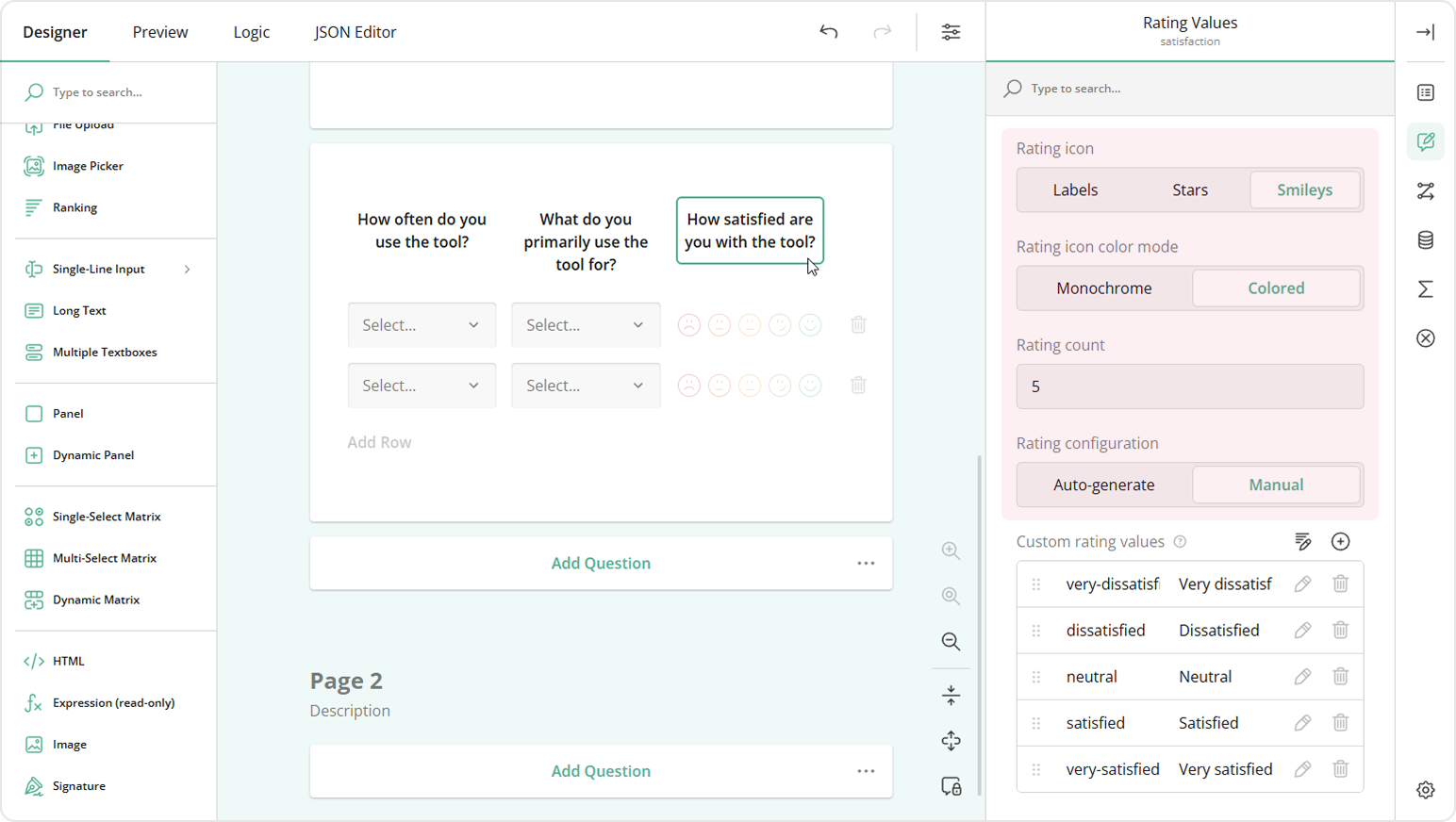 Configure choice options for a Dynamic Matrix column