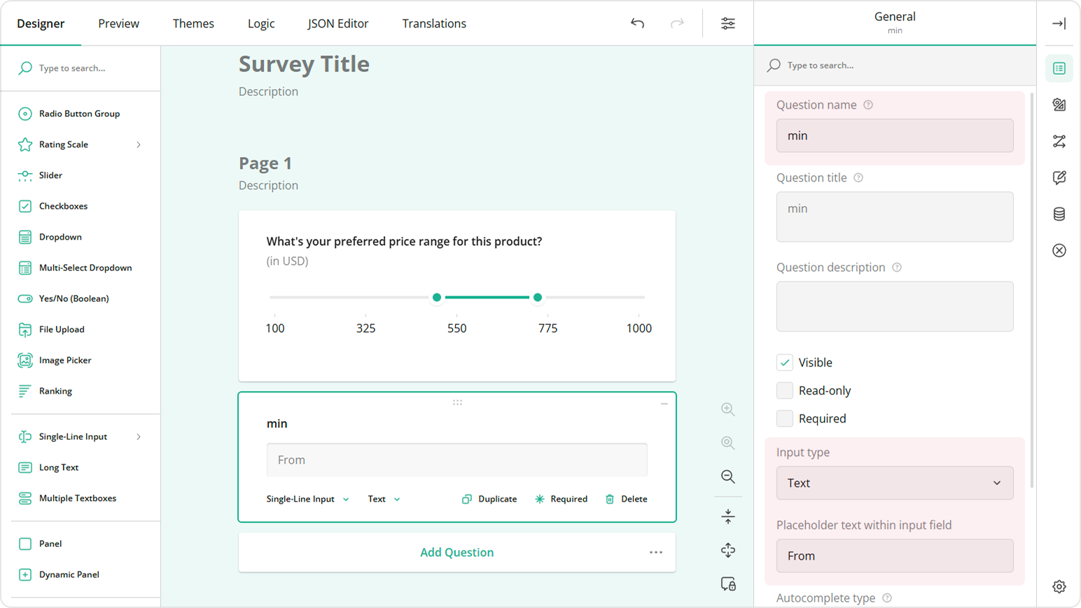 Add an input field for the minimum Range Slider value