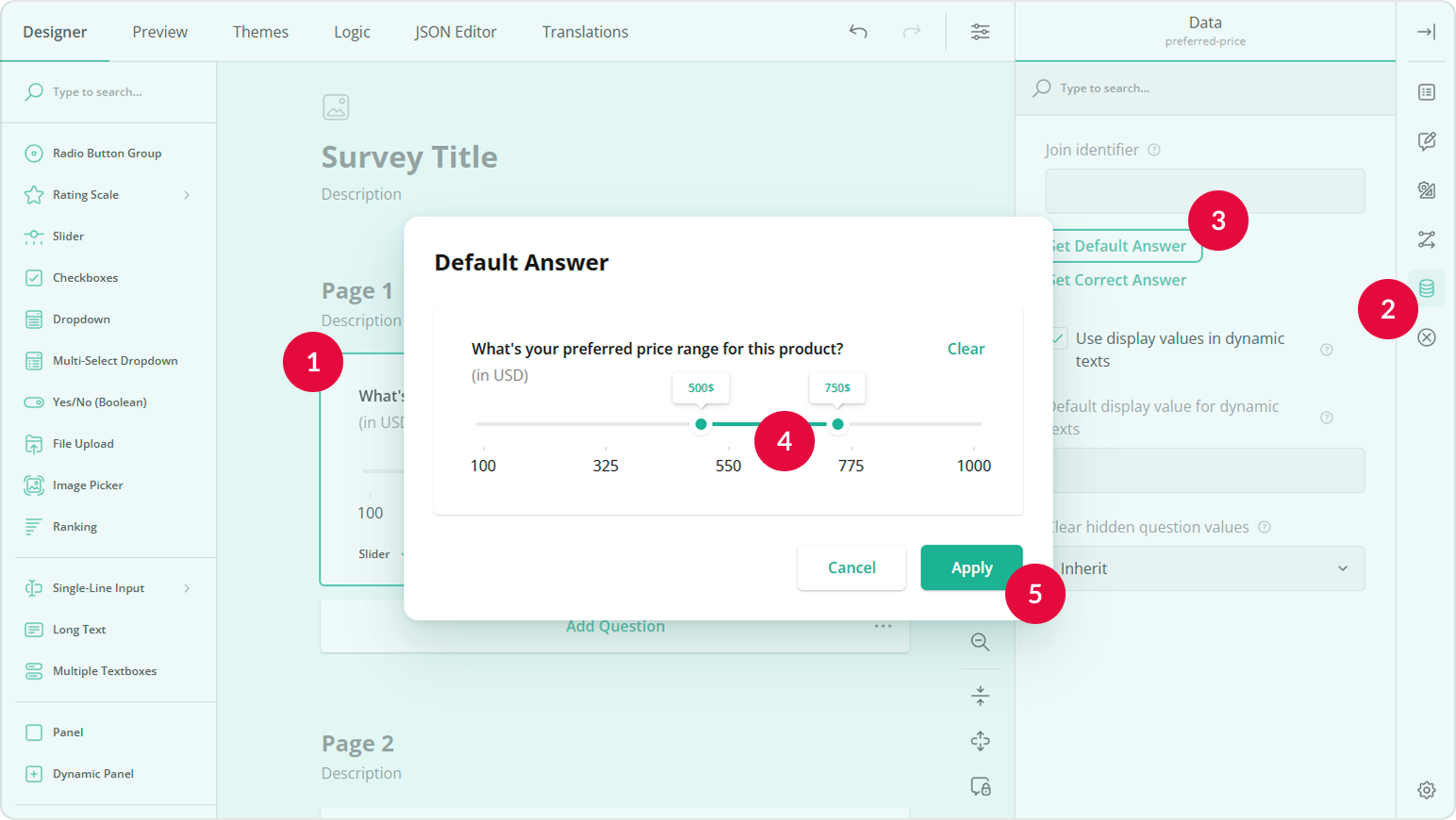 Set the initial positions of the slider thumbs