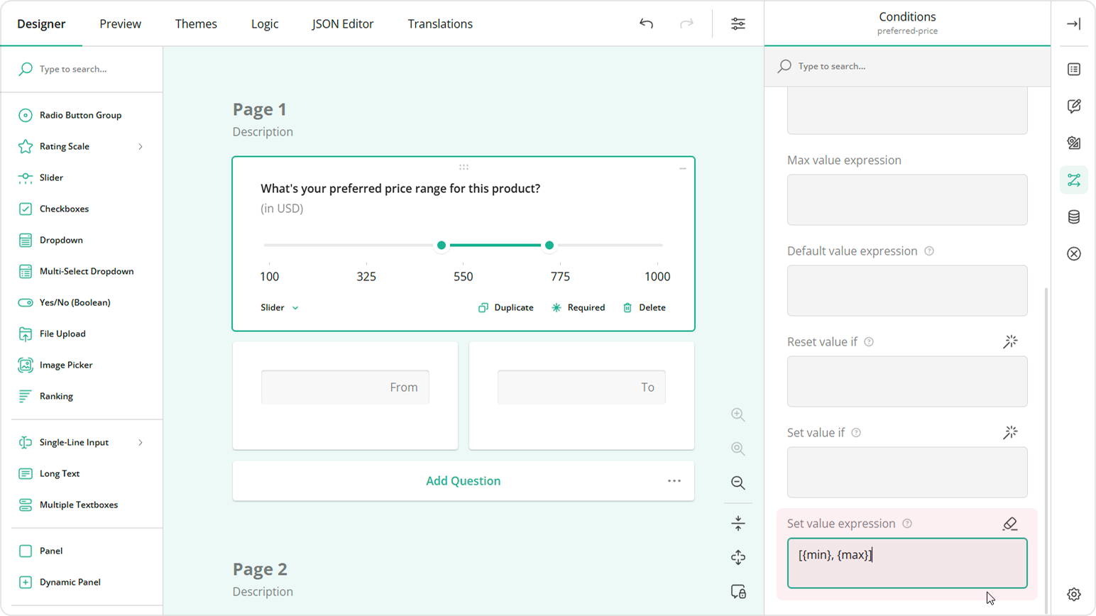 Set value expression for the Range Slider question