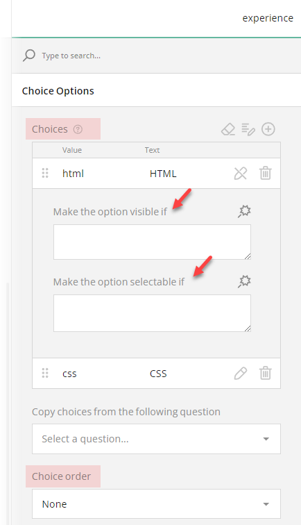 Choice options settings