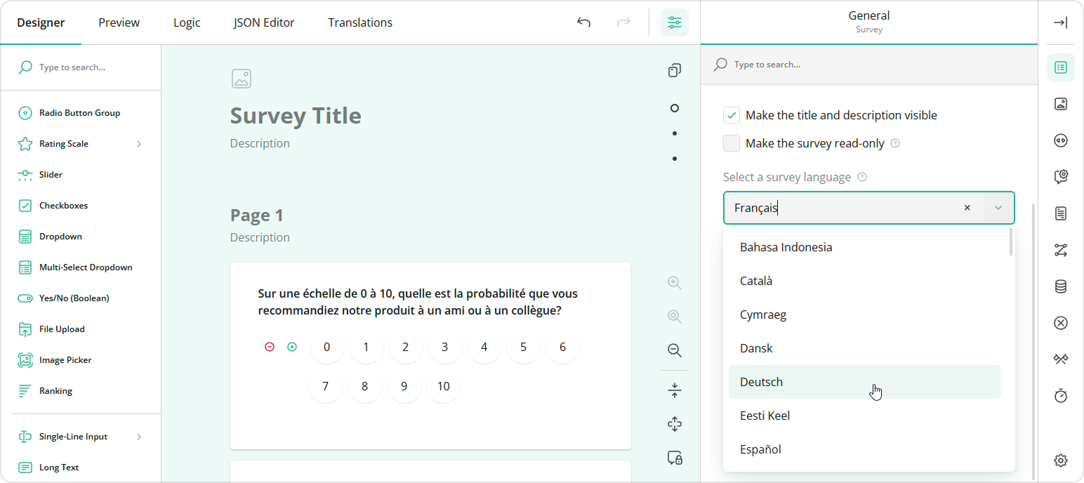 Survey Creator - Default Language dropdown